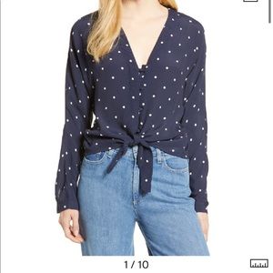 Sloane Dot-print Tie-front Blouse In Navy Polka Dots